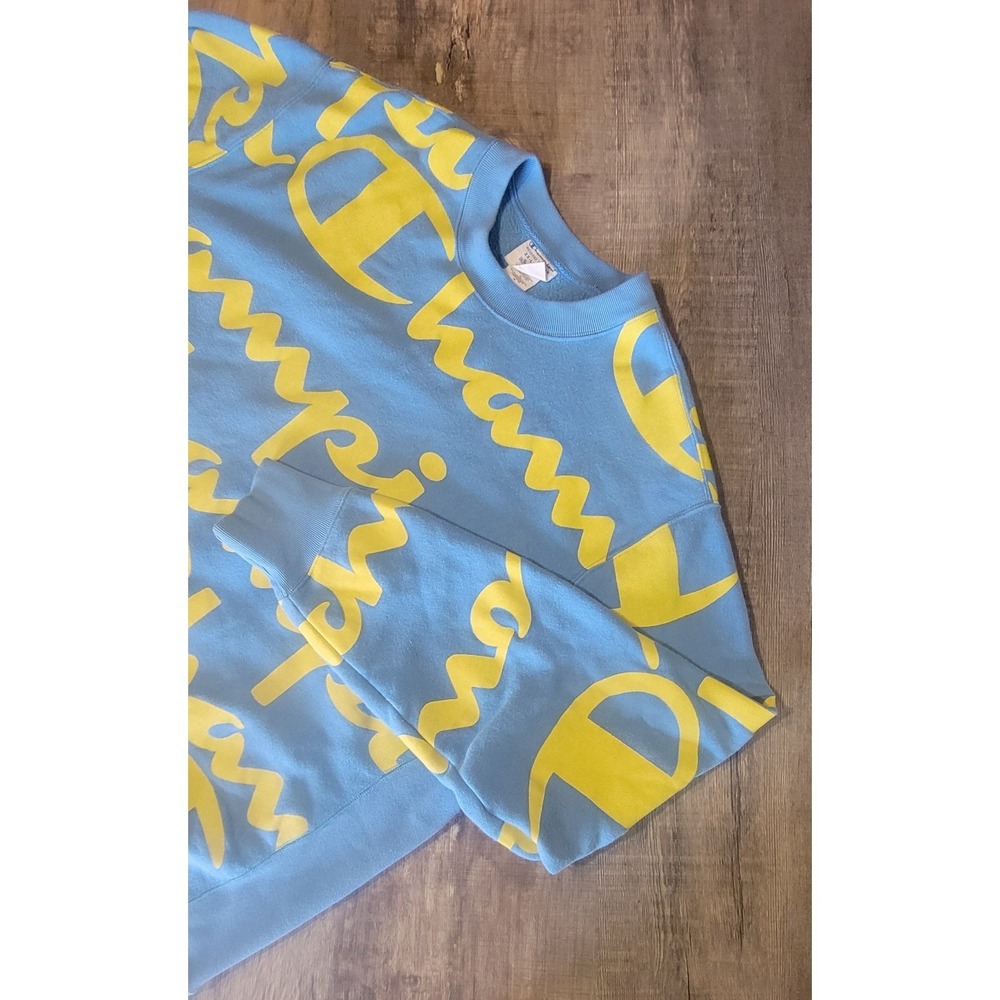 Champion Reverse Weave Sweatshirt Mens 2XL Blue‎ All over Script Crew Neck Logo
